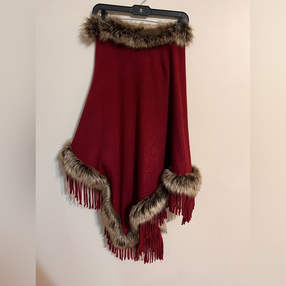 Red Poncho with Faux Fur Trim